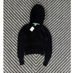 Victoria's Secret Black Open Knit Crochet Hoodie Sweater Cotton M beachy neutral